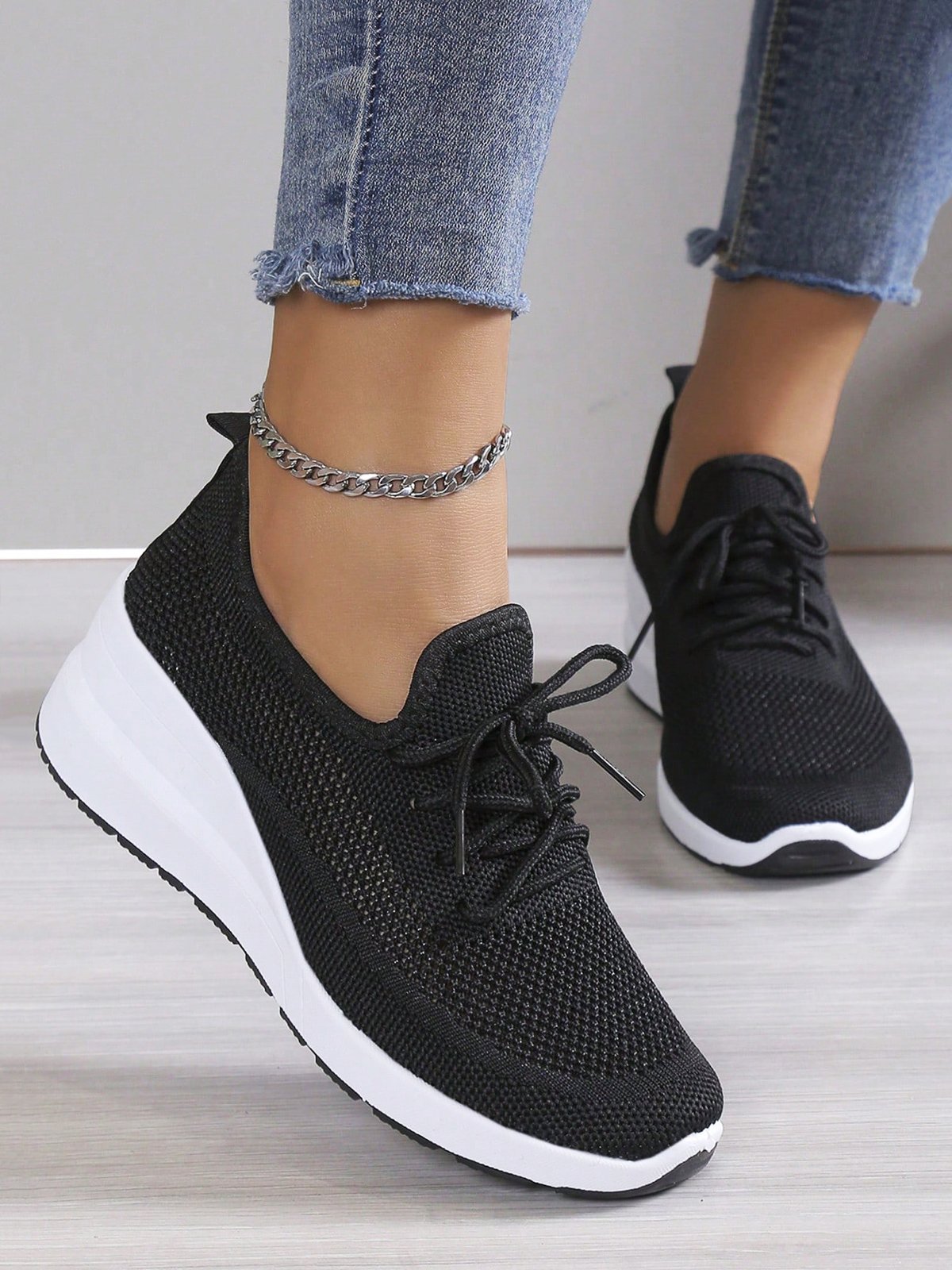 Casual Lace-up Decor Breathable Flyknit Wedge Heel Slip On Sneakers ...