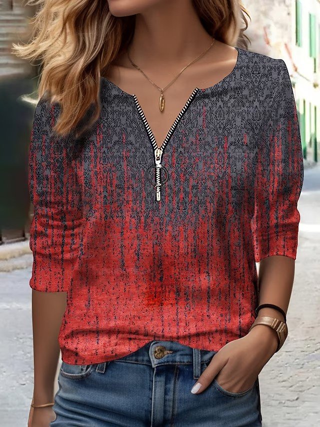 Casual V Neck Gradient Pattern Loose Blouse