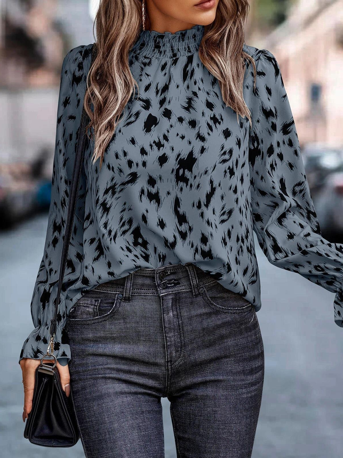 Women's Zebra Long Sleeve Blouse_ Spring/Fall Peplum Mock Neck Daily Casual Top