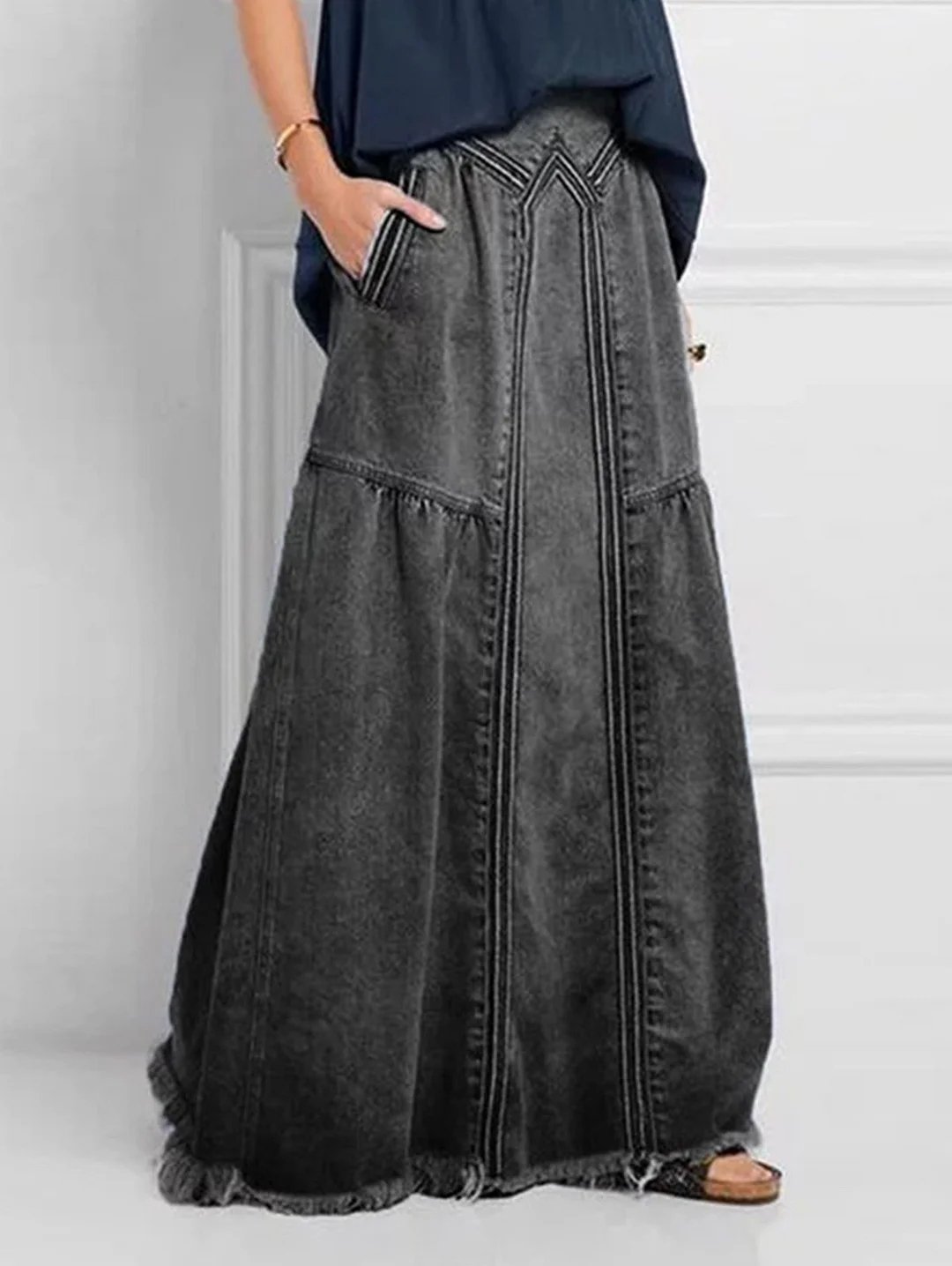 Women's Casual Brushed Elastic Waist Denim Skirt
