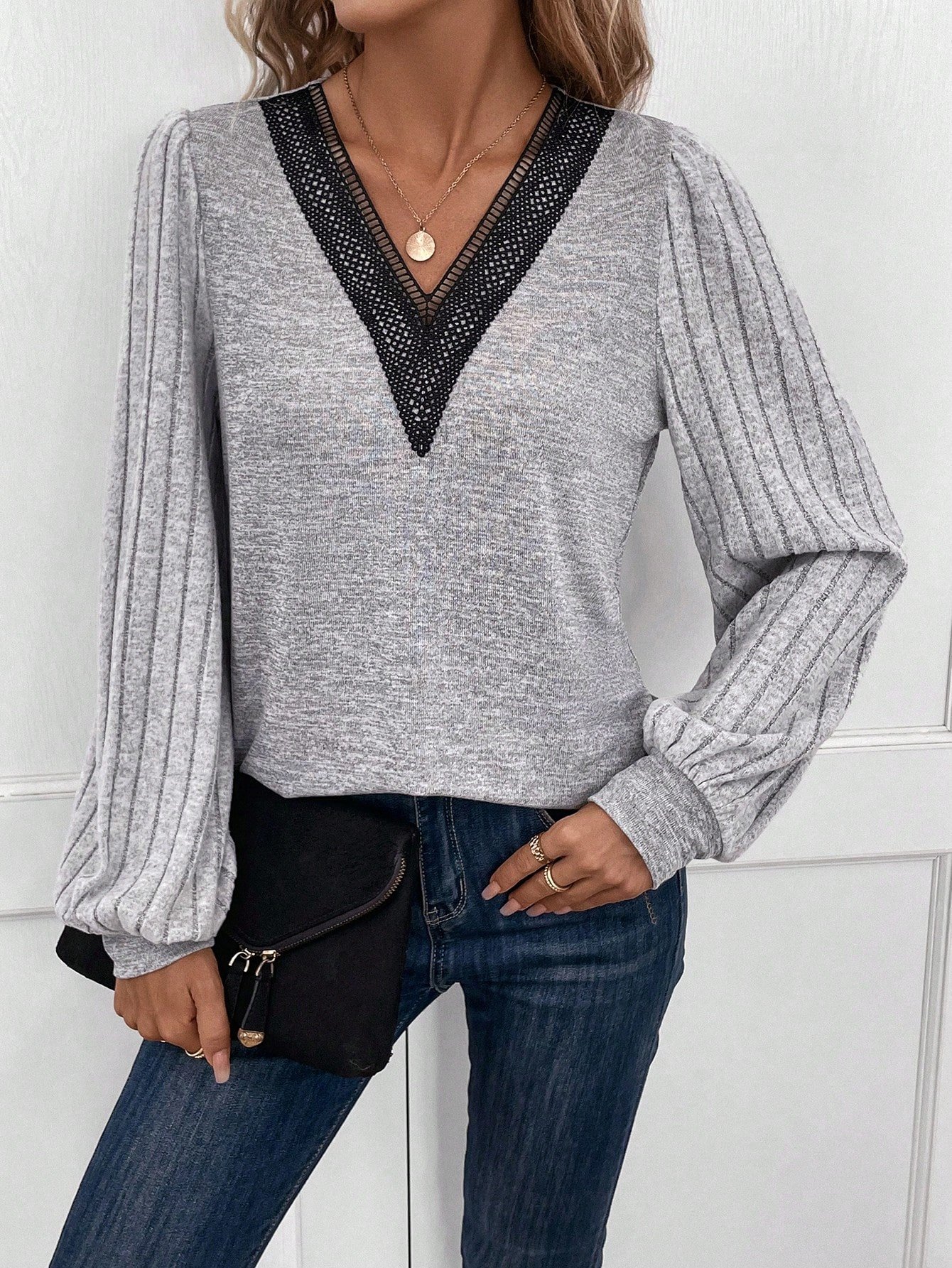 Lace Casual V Neck Loose Blouse