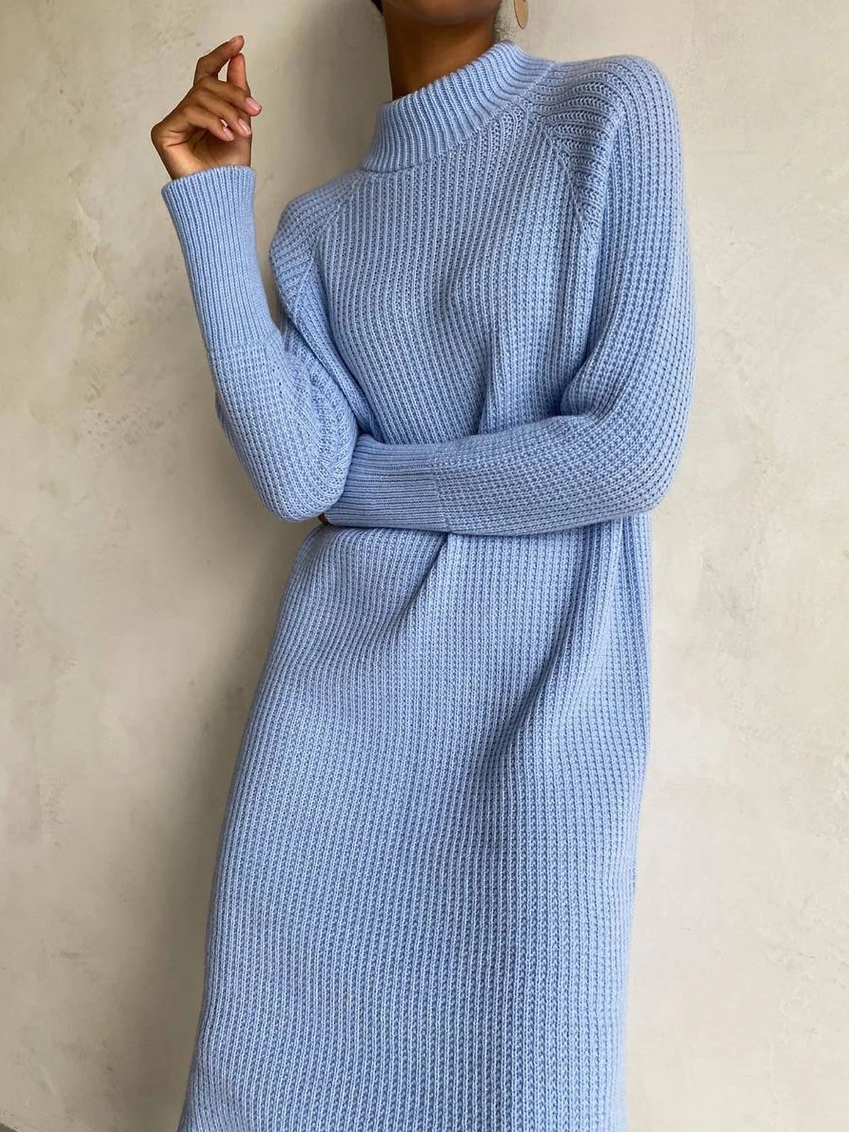 High Neck Raglan Sleeves Knitted Midi Dress With Side Splits ...