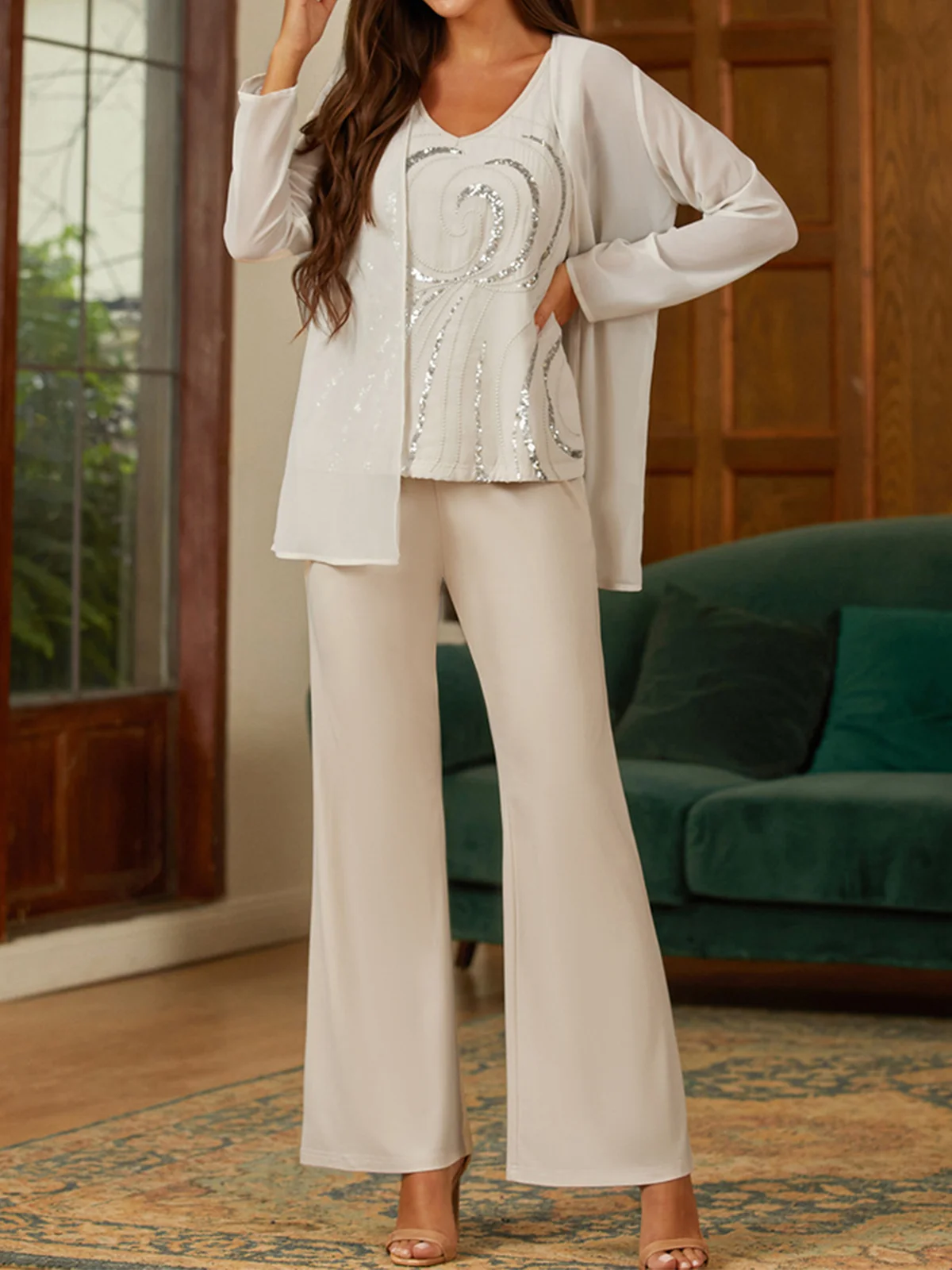 Elegant Loose V Neck Chiffon Matching Outfit Mother of the Bride 3 PCS Pantsuits