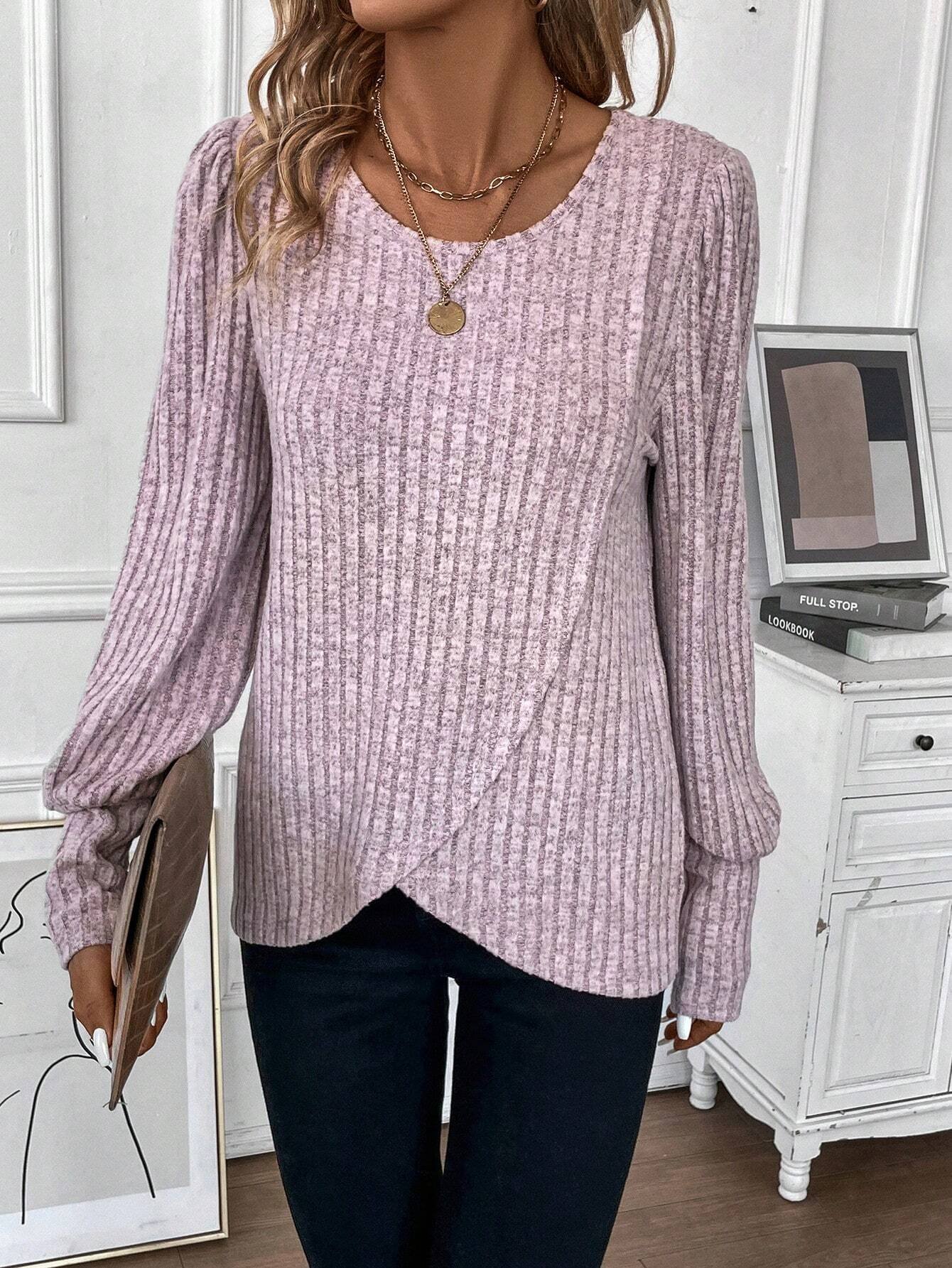 Crew Neck Loose Plain Casual Lantern Sleeve Blouse