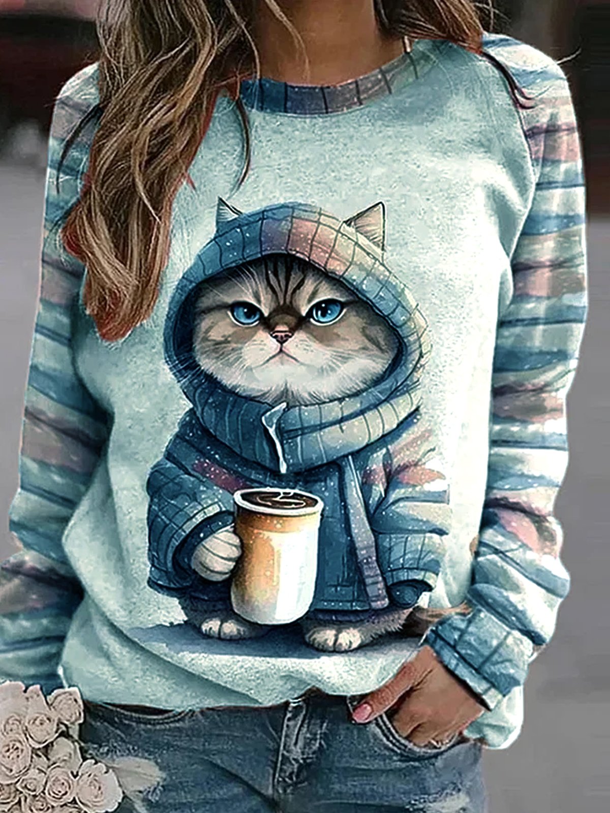Women's Crew Neck Cat Casual Spring/Fall Long Sleeve Sweatshirt