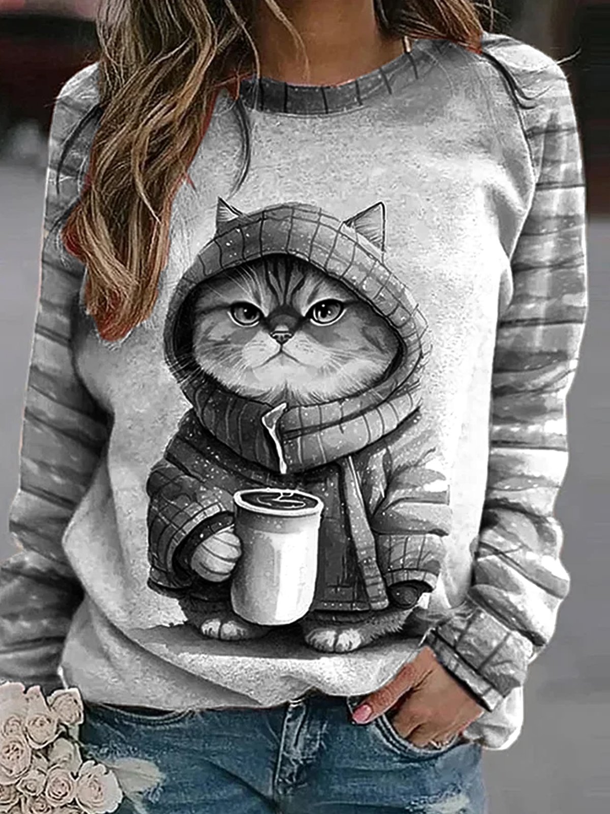 Women's Crew Neck Cat Casual Spring/Fall Long Sleeve Sweatshirt
