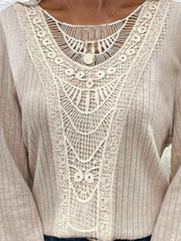 Casual Lantern Sleeve Crew Neck Lace Blouse