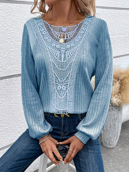 Casual Lantern Sleeve Crew Neck Lace Blouse