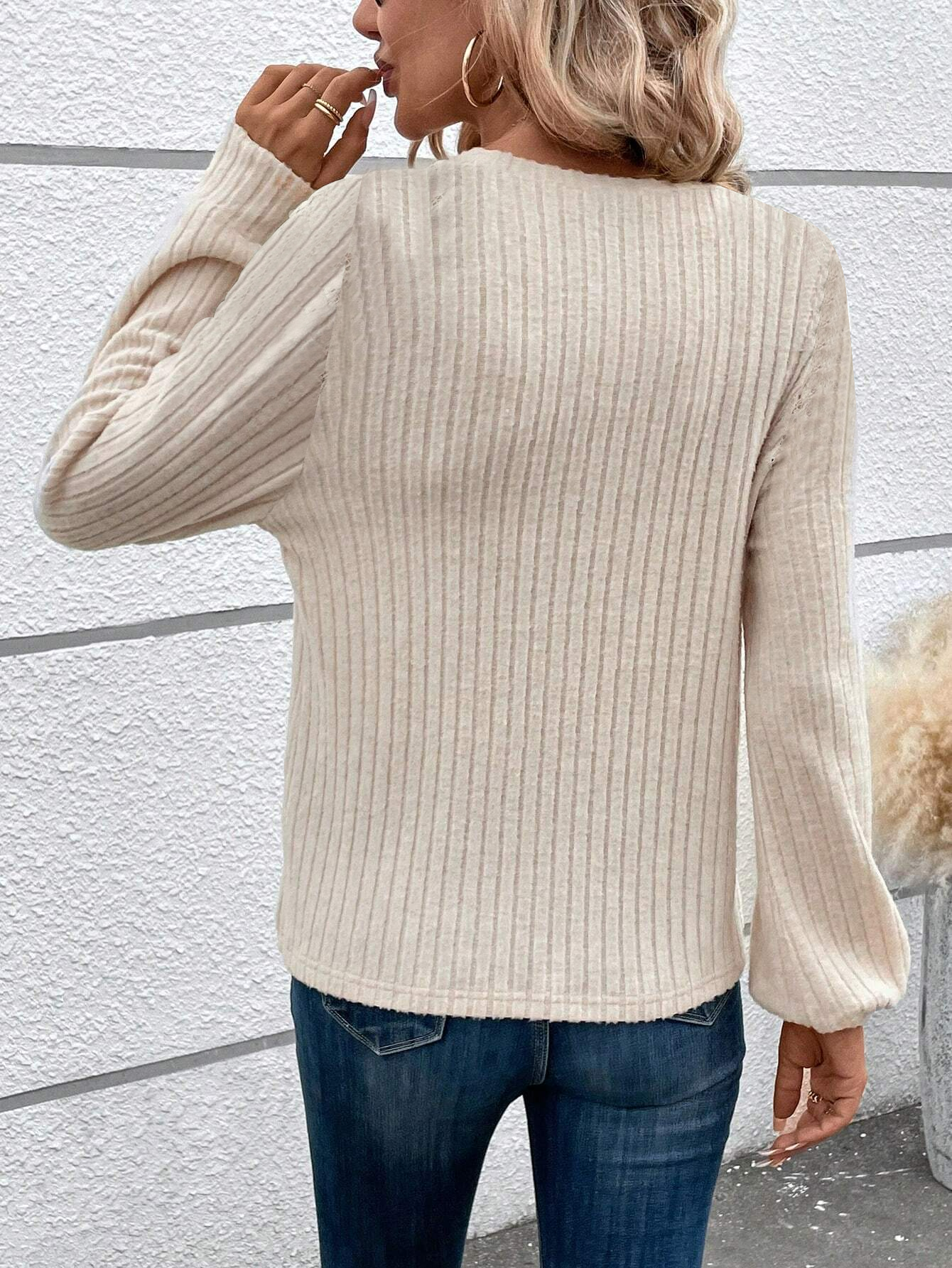 Casual Lantern Sleeve Crew Neck Lace Blouse