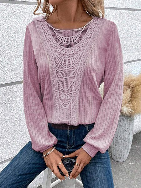 Casual Lantern Sleeve Crew Neck Lace Blouse