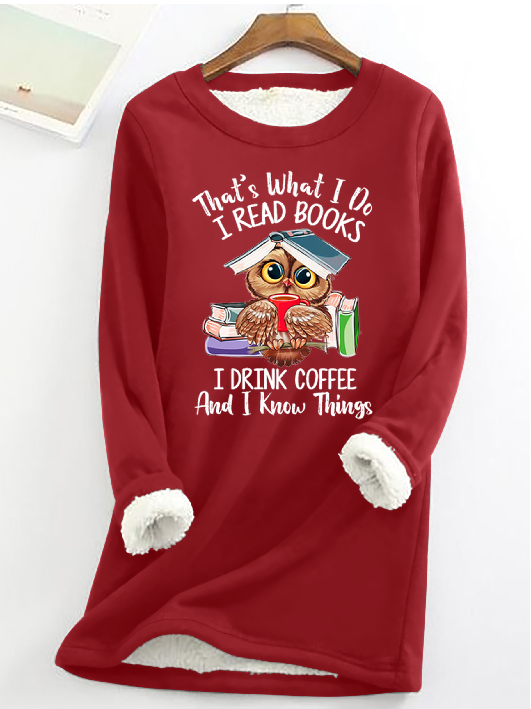 Women's Owl Coffe Book Funny Crew Neck Text Letters Simple Loose Fleece Sweatshirt