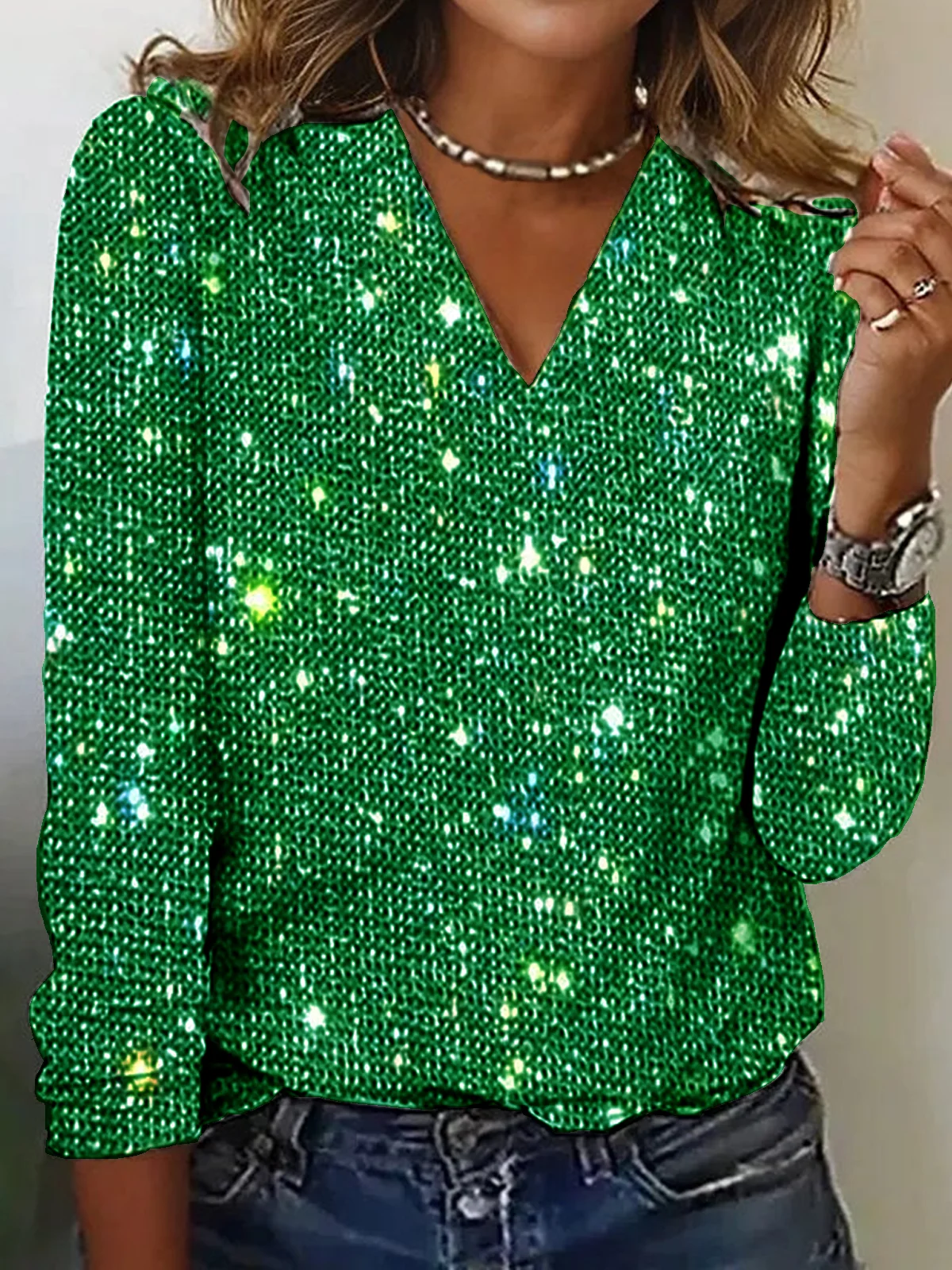Sequin Long Sleeve V Neck Tops Christmas New Year Eve Glitter T-Shirts