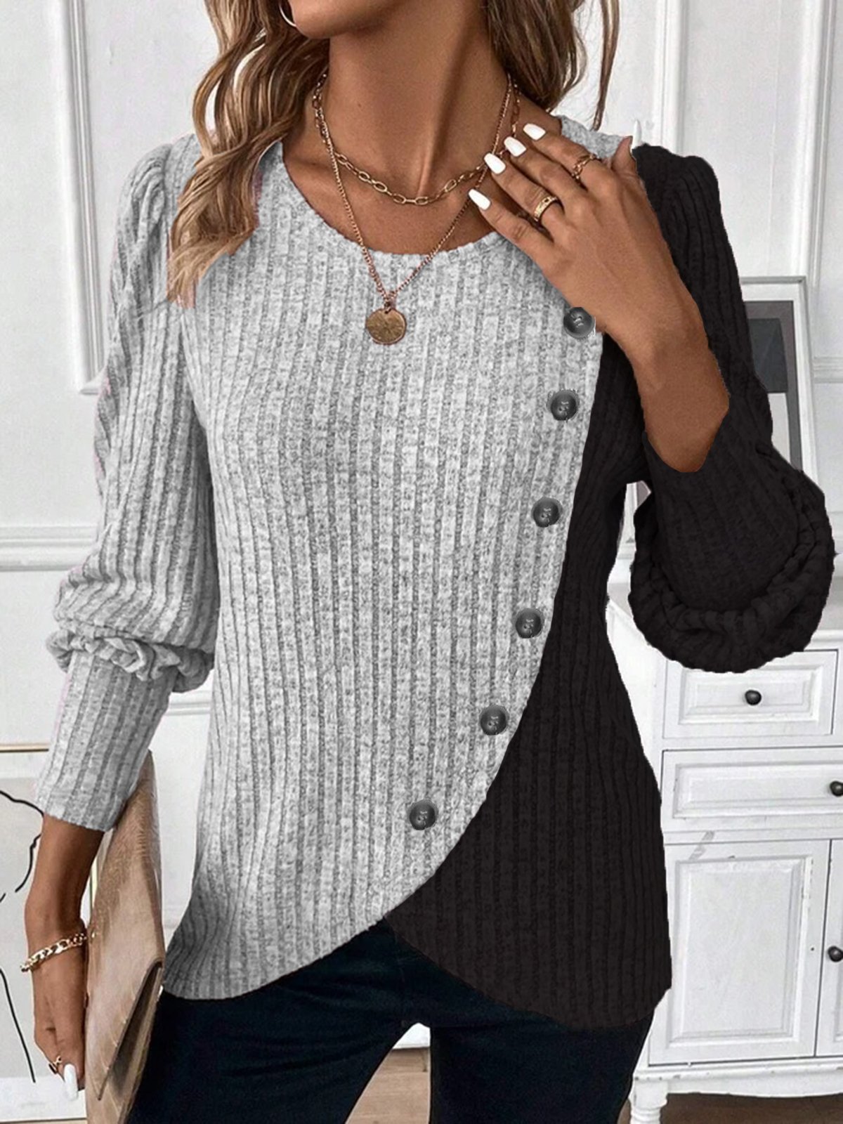 Crew Neck Color Block Casual Loose Blouse