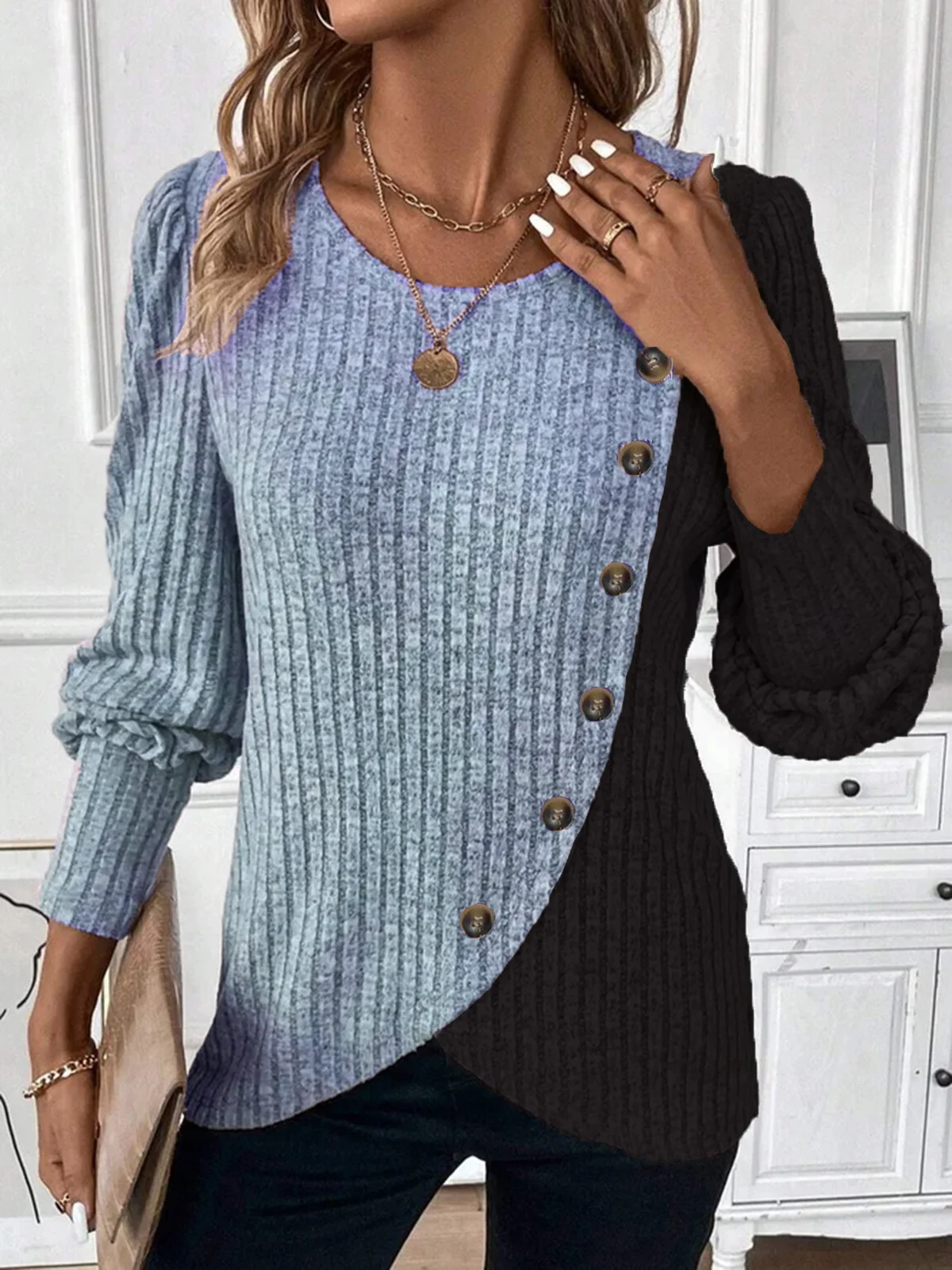 Crew Neck Color Block Casual Loose Blouse