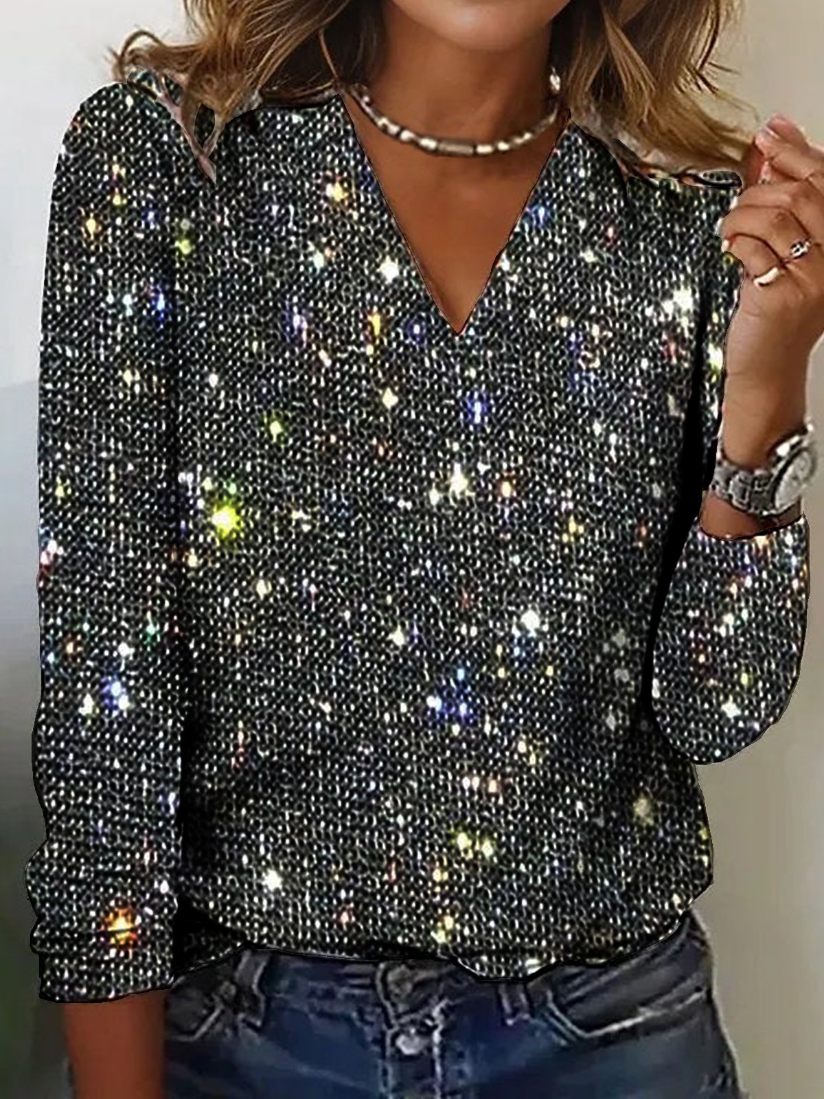 Sequin Long Sleeve V Neck Tops Christmas New Year Eve Glitter T-Shirts ...