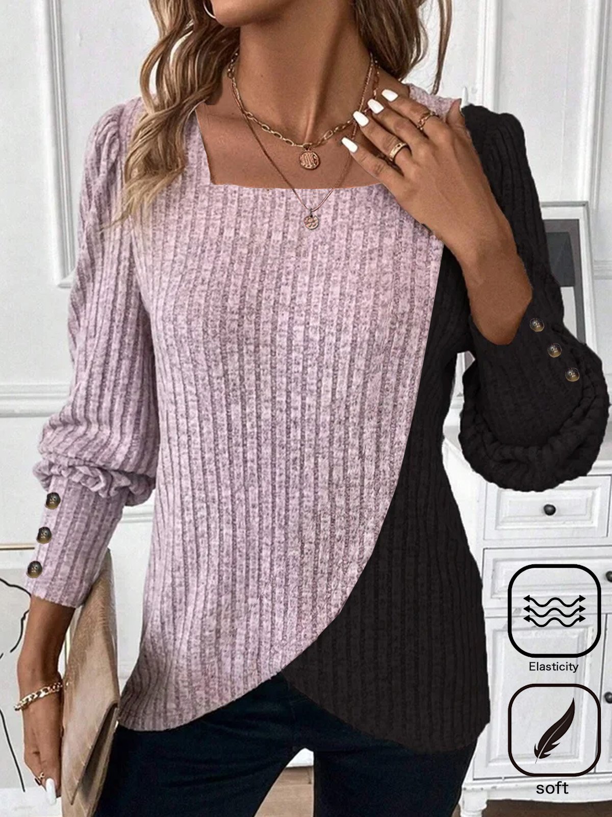 Women's Long Sleeve Tee T-shirt Spring/Fall Plain Buckle Square Neck Daily Going Out Casual Top
