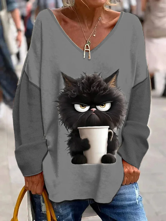 Cat Knitted V Neck Casual Blouse