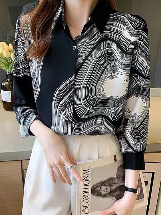 Casual Shirt Collar Loose Abstract Stripes Blouse