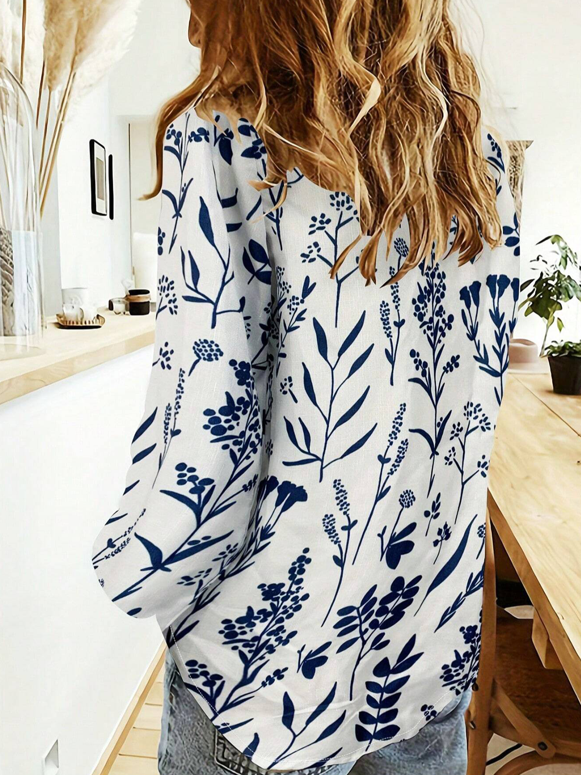 Women's Long Sleeve Shirt Spring/Fall Floral Shirt Collar Daily Going Out Casual Top Blue