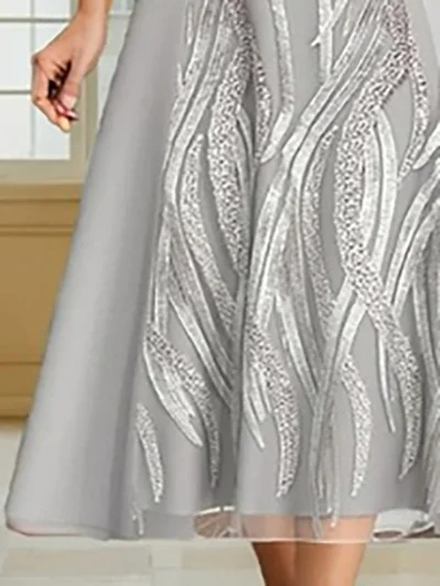 Women Lace Notched Neck Half Sleeve Formal Elegant Midi Dress Wedding Guest Dress