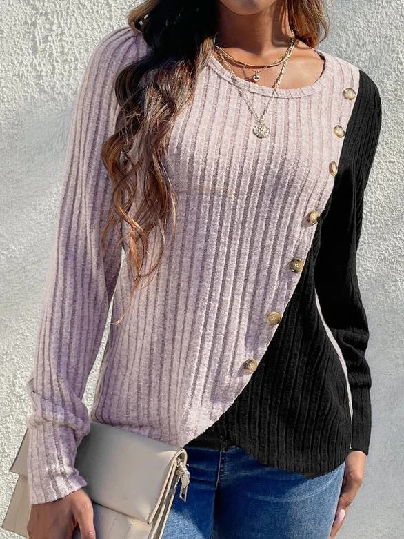 Crew Neck Color Block Casual Loose Blouse