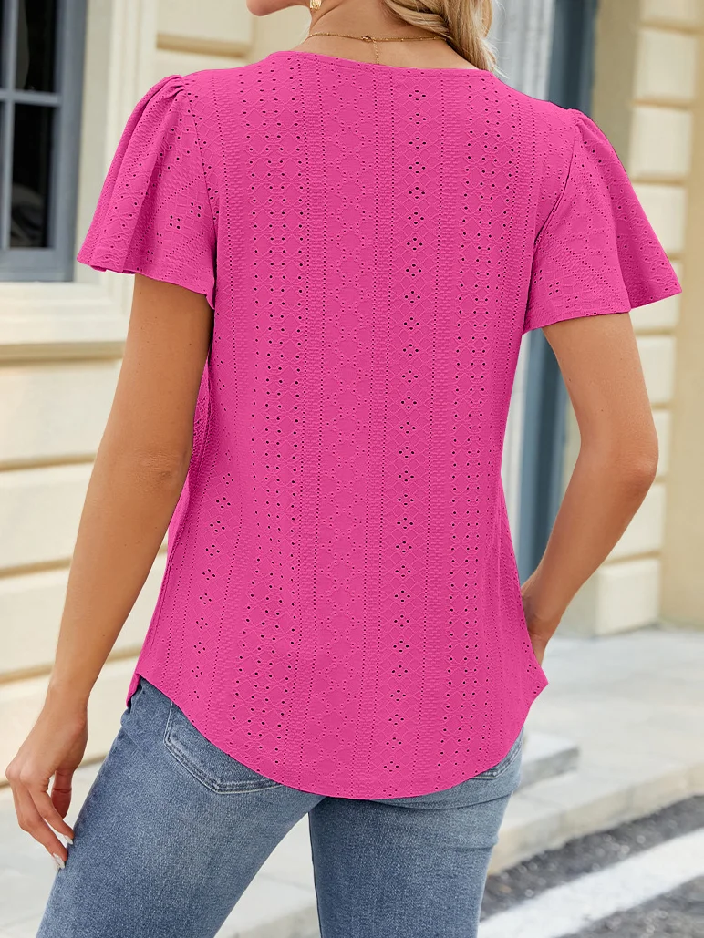 Casual Square Neck Bell Sleeve Pleated Short Sleeve T-Shirt