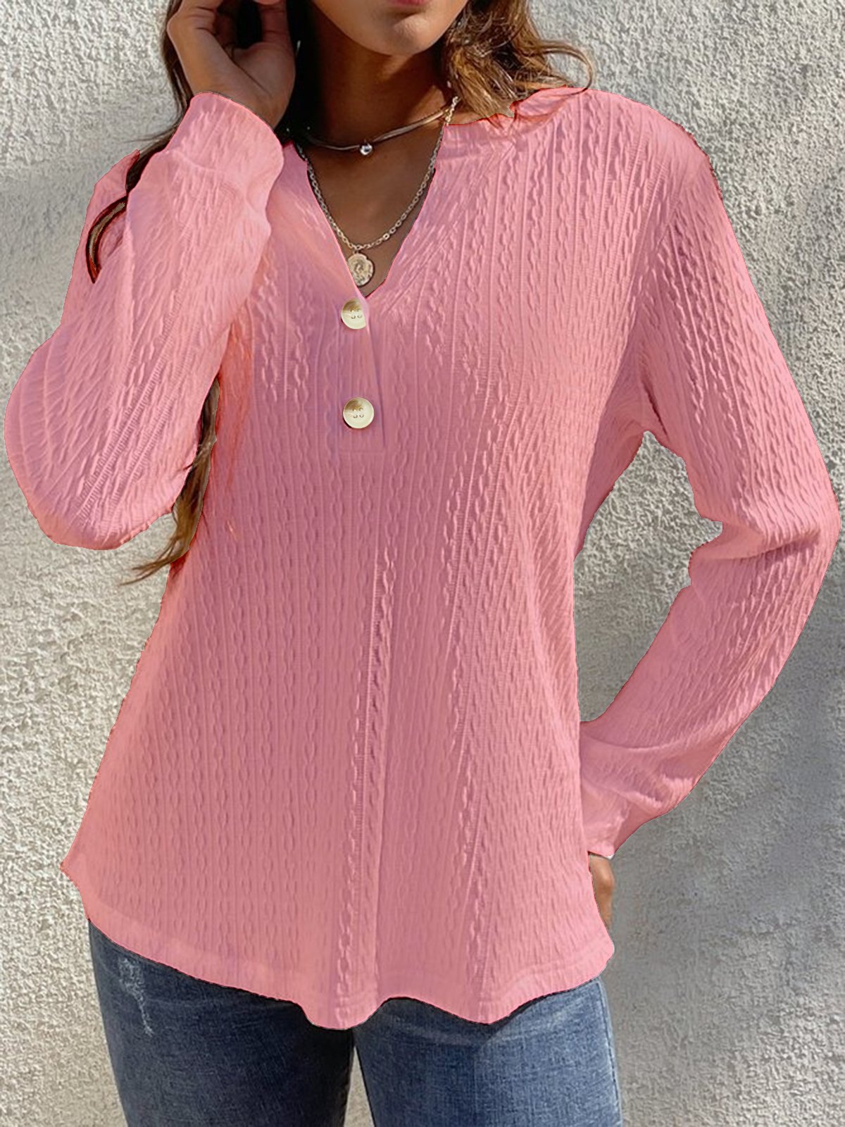 Loose Plain Notched Casual T-Blouse