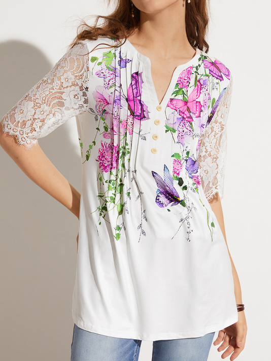 JFN V Neck Butterfly Floral Lace Daily Tunic Tops