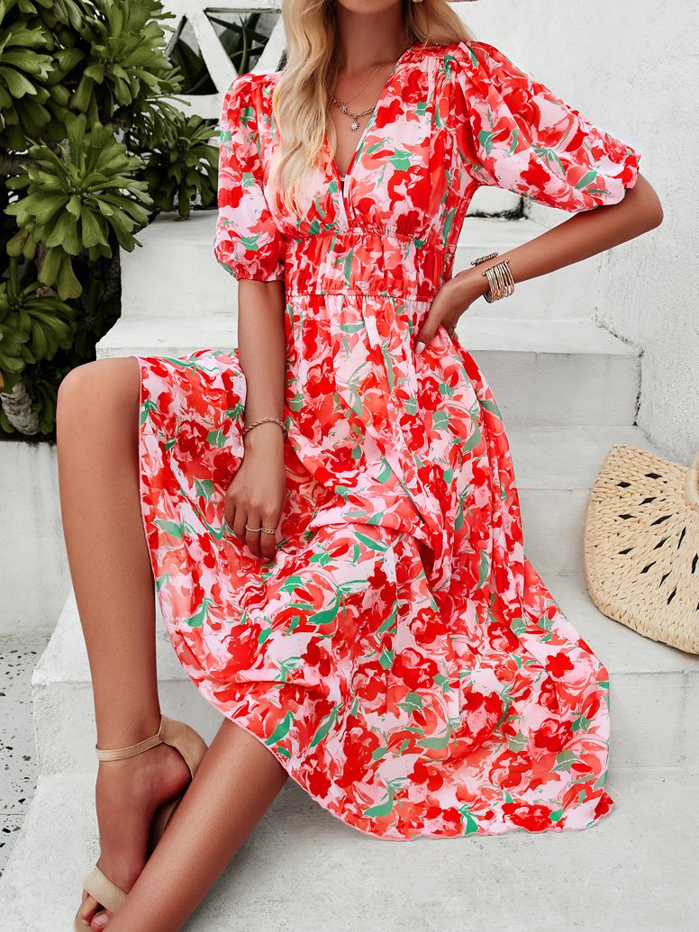 Floral Vacation V Neck Dress With No Belt | justfashionnow