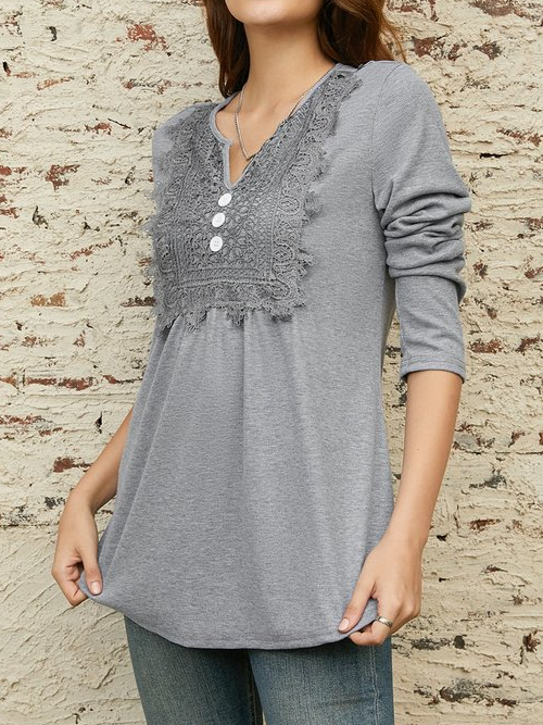 Lace Notched Casual Loose Ruched Blouse