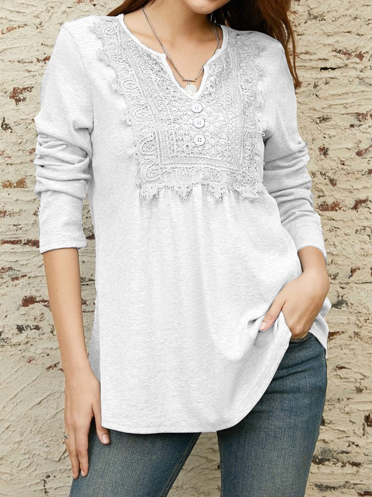 Lace Notched Casual Loose Ruched Blouse