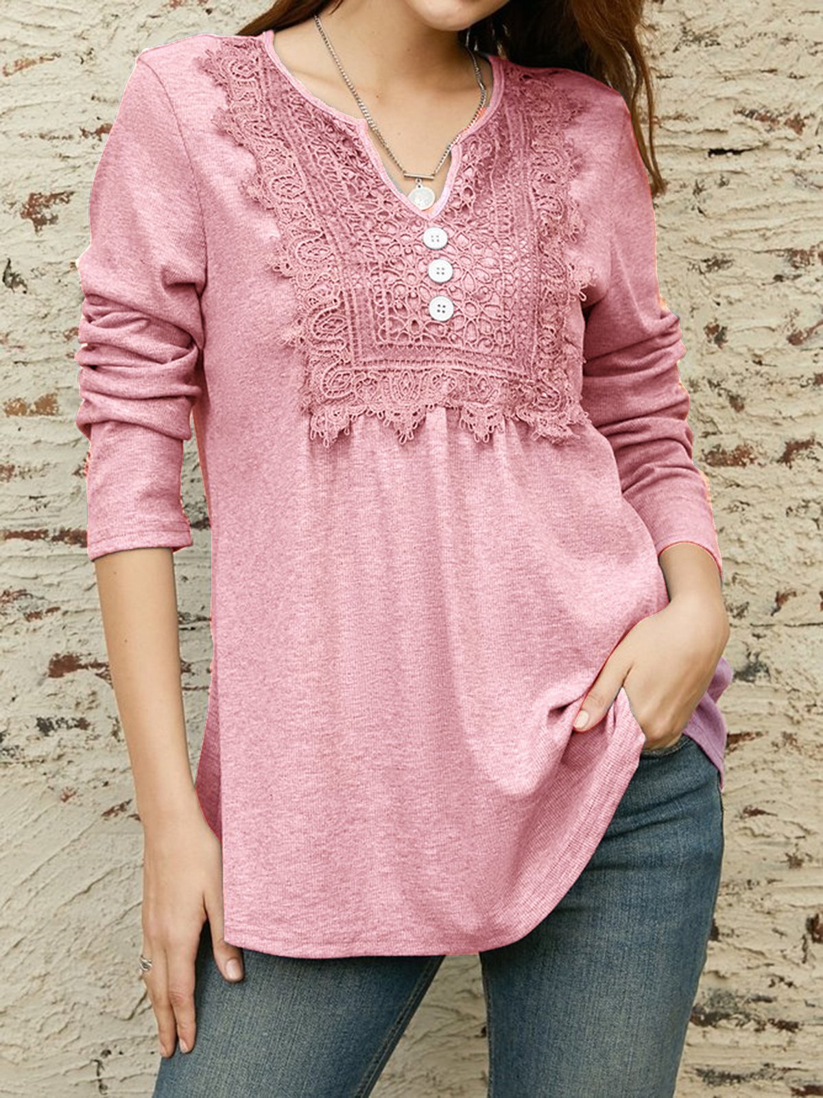 Lace Notched Casual Loose Ruched Blouse