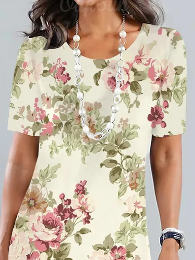 Crew Neck Elegant Floral Loose Garden Party Midi Dress