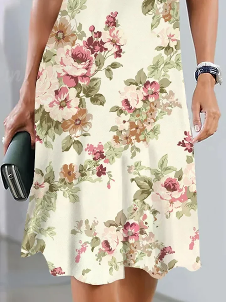 Crew Neck Elegant Floral Loose Garden Party Midi Dress