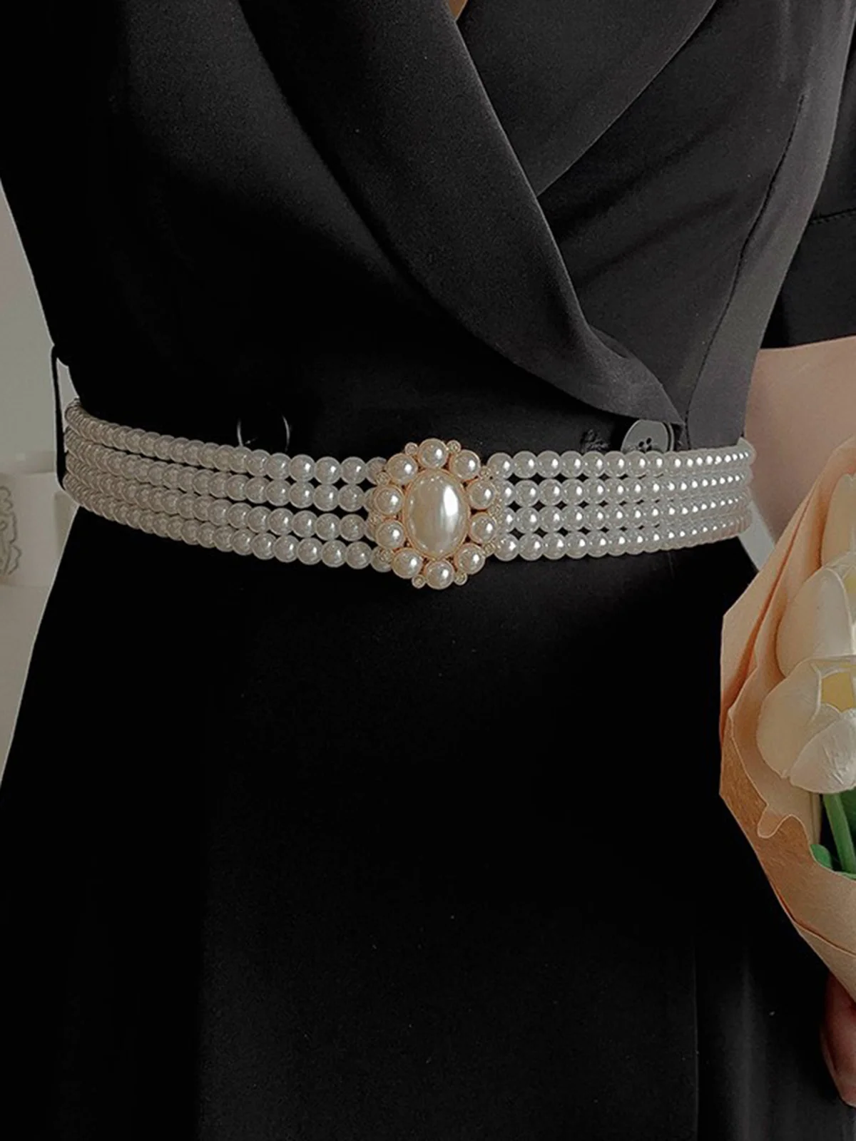 Elegant Rhinestone Flower Imitation Pearl Elastic Waistband Dress Accessory