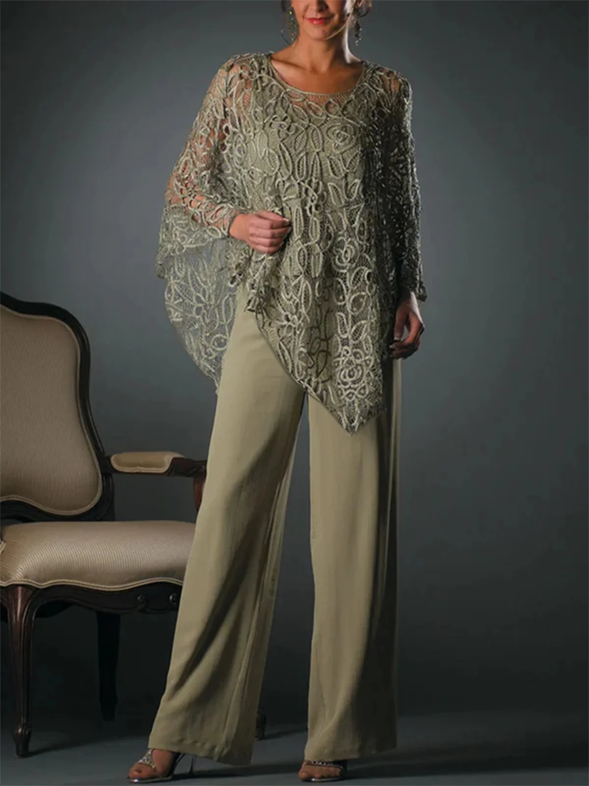 Lace Asymistic Hem 3 PCS Tops with Pantsuits Mother of the Bride