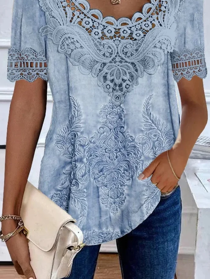 Lace Casual Loose Ethnic Crew Neck Blouse