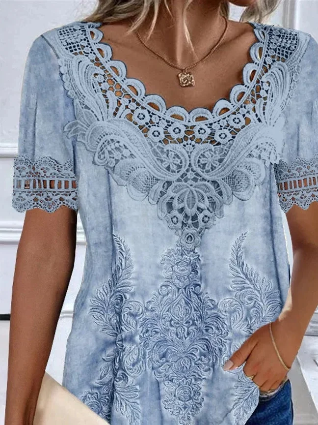 Lace Casual Loose Ethnic Crew Neck Blouse