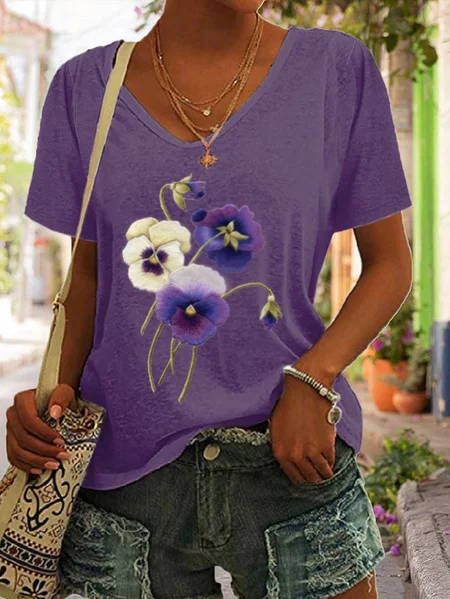 V Neck Floral Casual T-Shirt