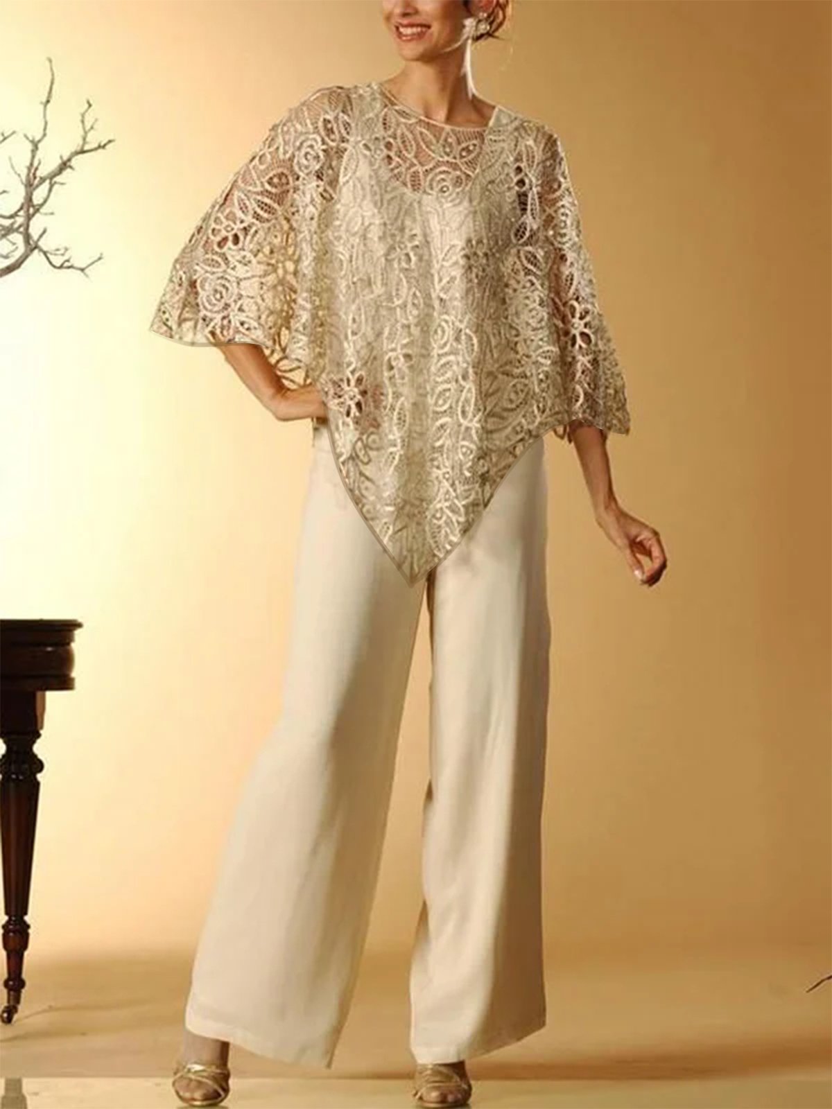 Lace Asymistic Hem 3 PCS Tops with Pantsuits Mother of the Bride