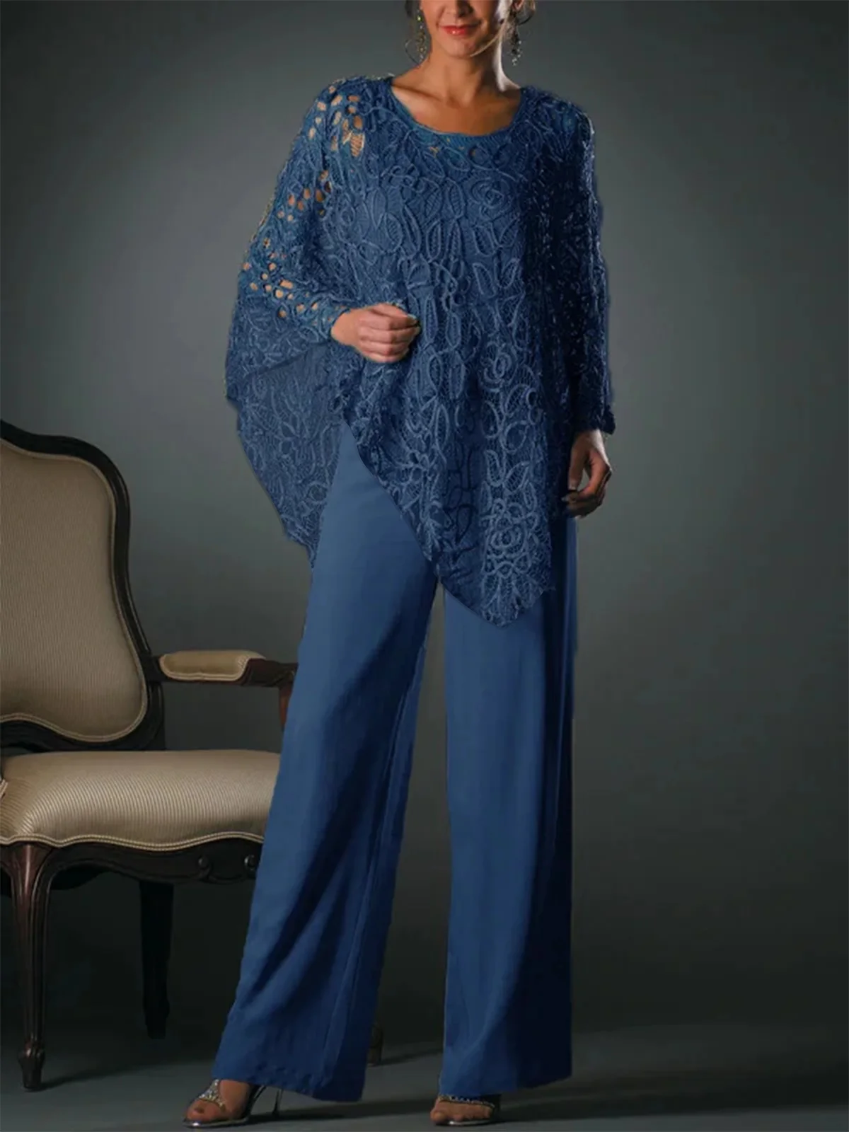 Lace Asymistic Hem 3 PCS Tops with Pantsuits Mother of the Bride