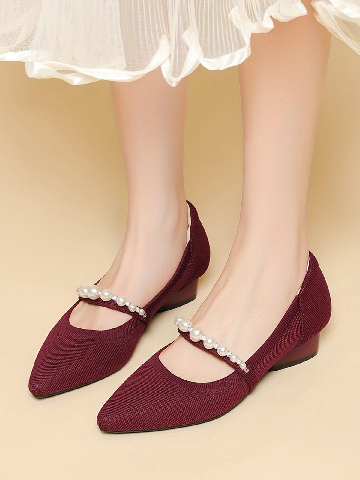 Elegant Imitation Pearl Breathable Mesh Fabric Low Heel Mary Jane Shoes