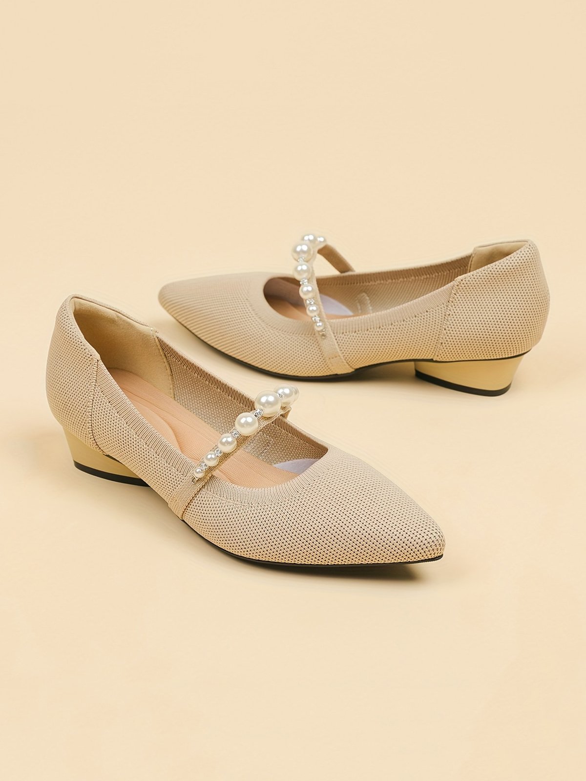 Elegant Imitation Pearl Breathable Mesh Fabric Low Heel Mary Jane Shoes