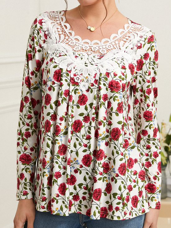 Floral Lace Crew Neck Spring Casual Blouse