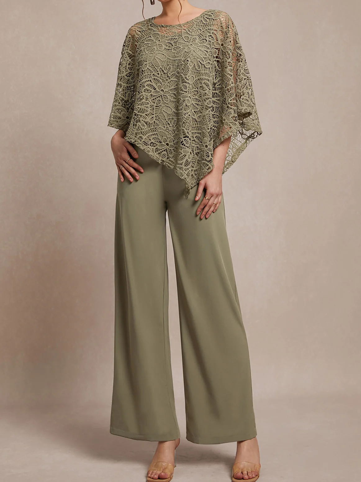 Lace Asymistic Hem 3 PCS Tops with Pantsuits Mother of the Bride