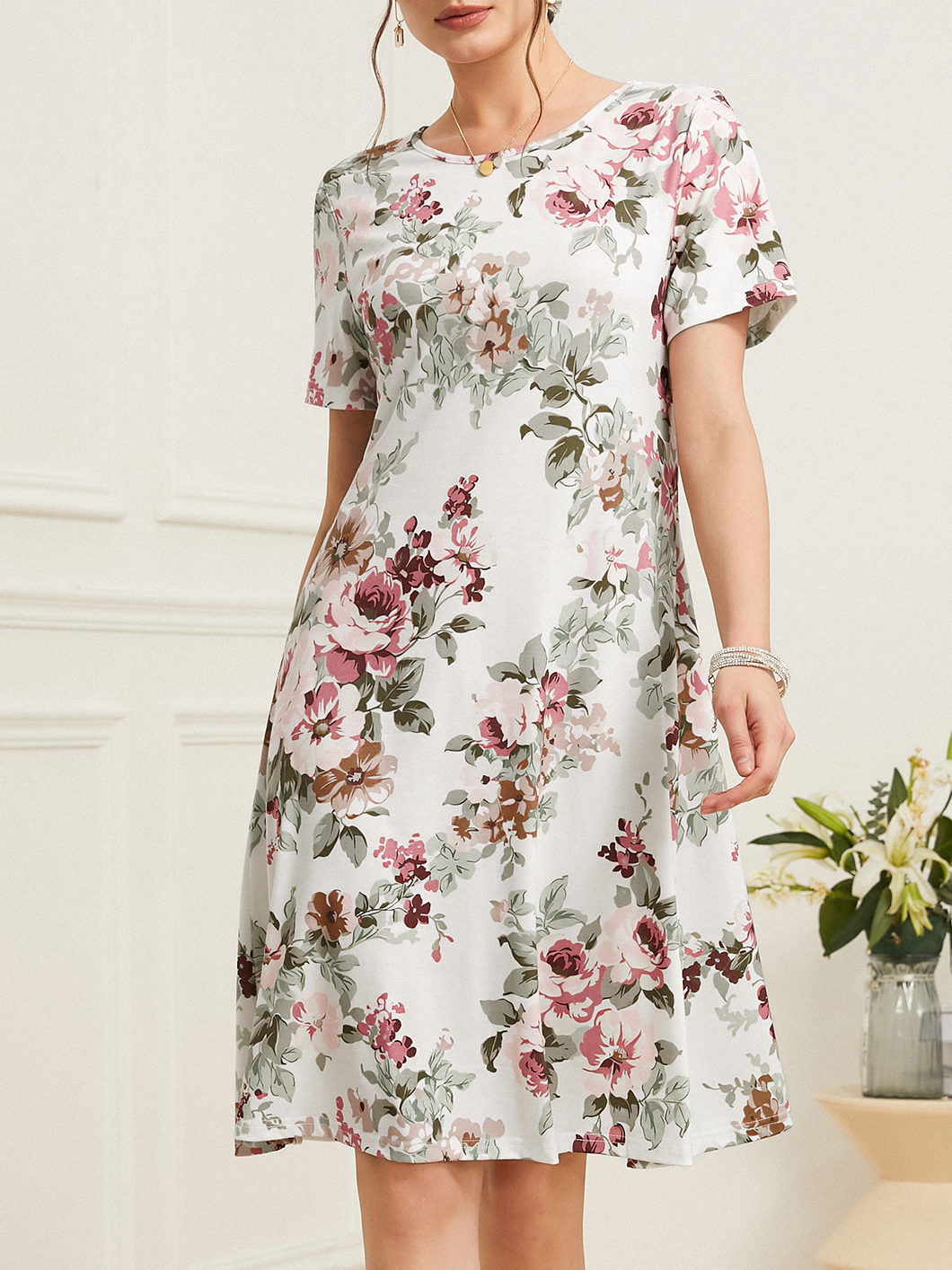 Crew Neck Elegant Floral Loose Garden Party Midi Dress