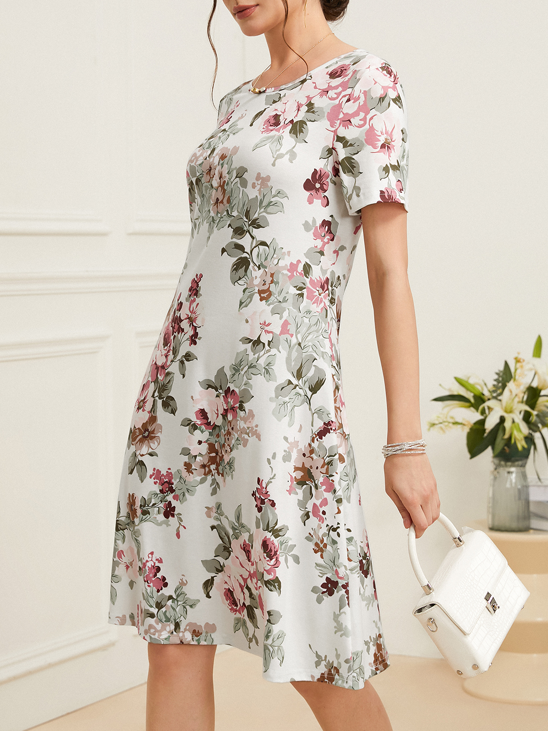 Crew Neck Elegant Floral Loose Garden Party Midi Dress