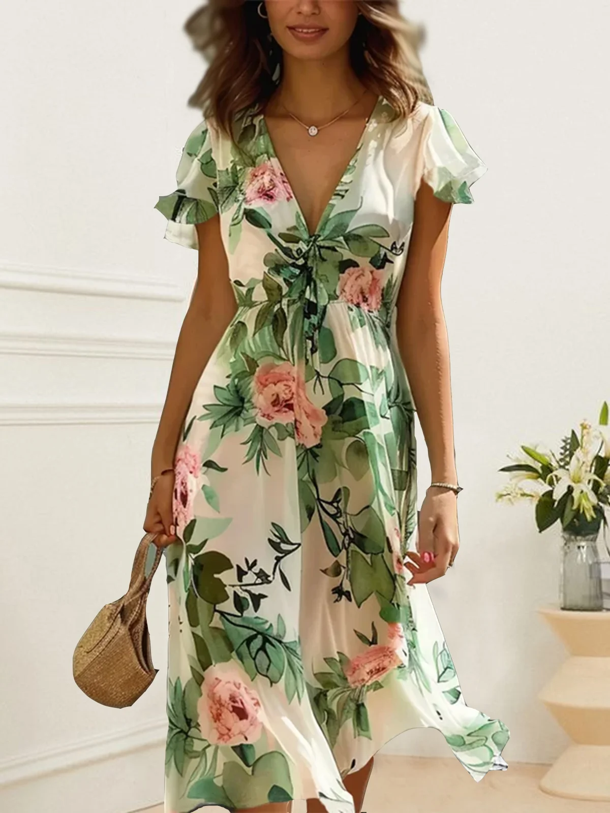 Ruffled Sleeves Elegant Floral Regular Fit Dress