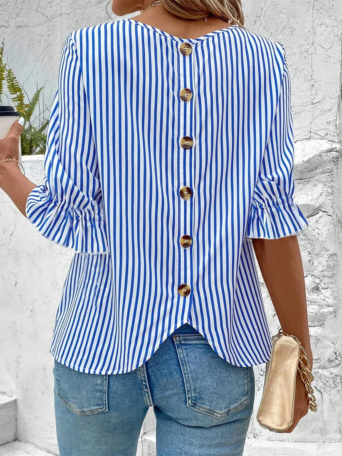 Striped Crew Neck Simple Loose Shirt