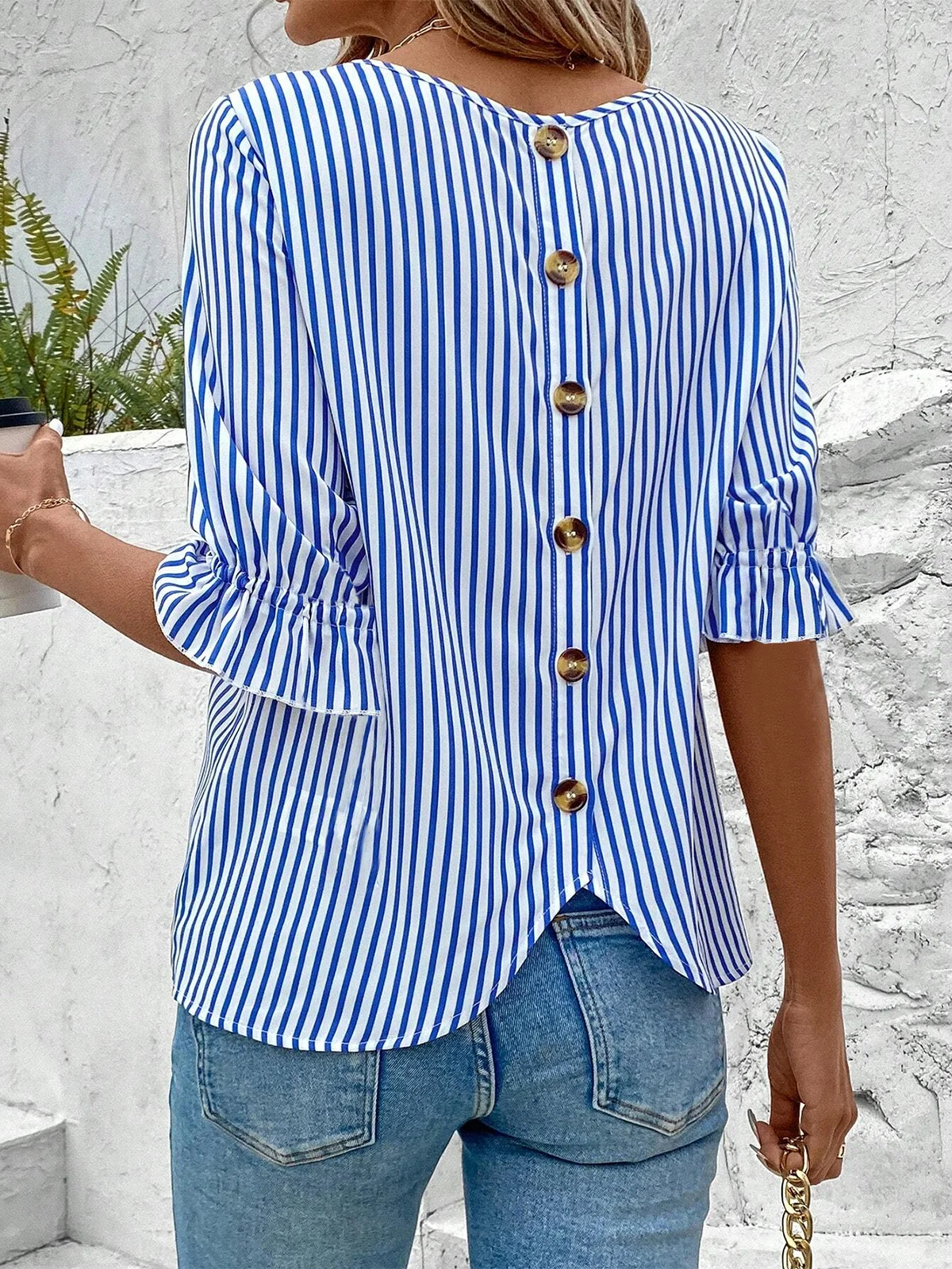 Striped Crew Neck Simple Loose Shirt